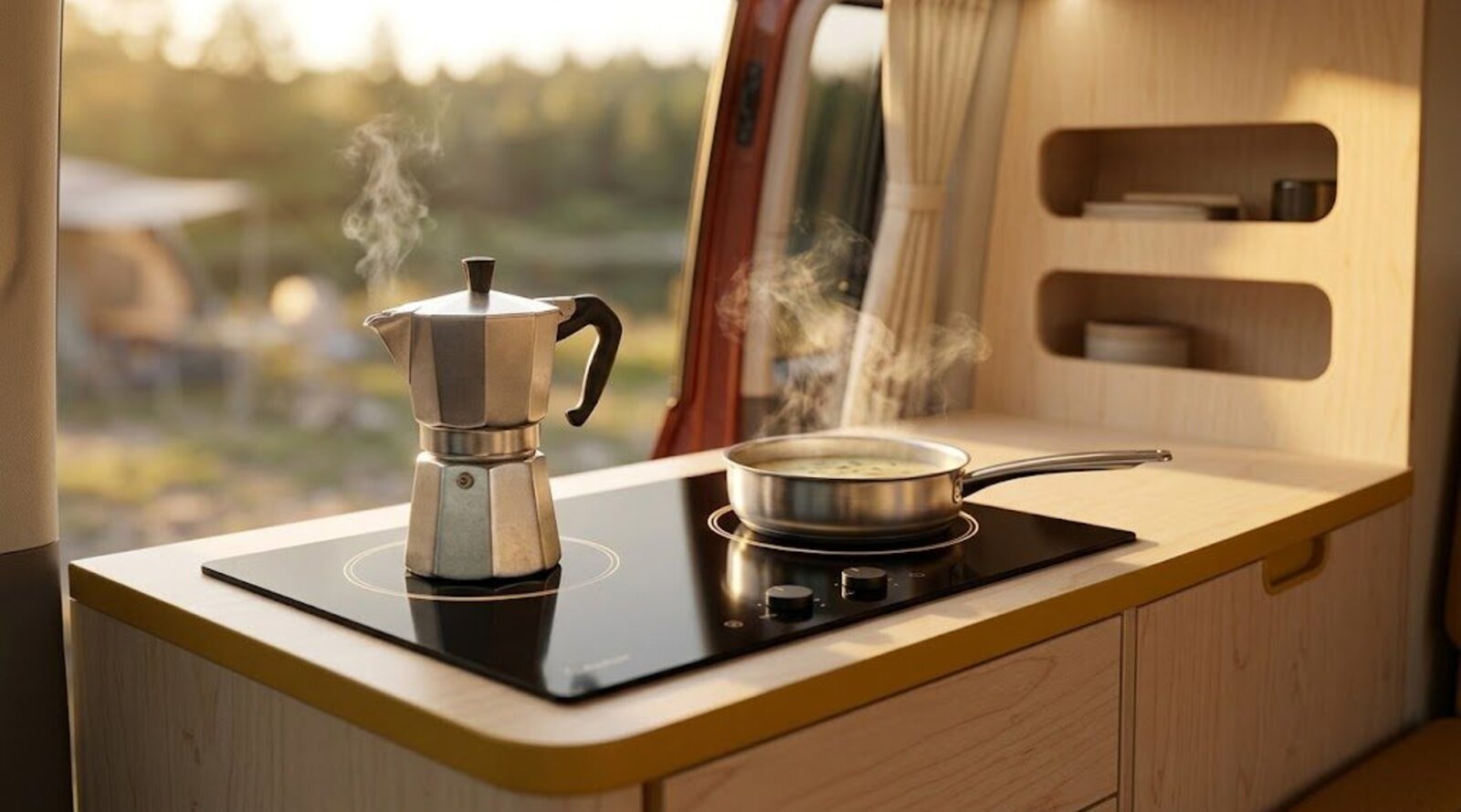 Cooking on the dual-zone induction hob in the all-electric galley