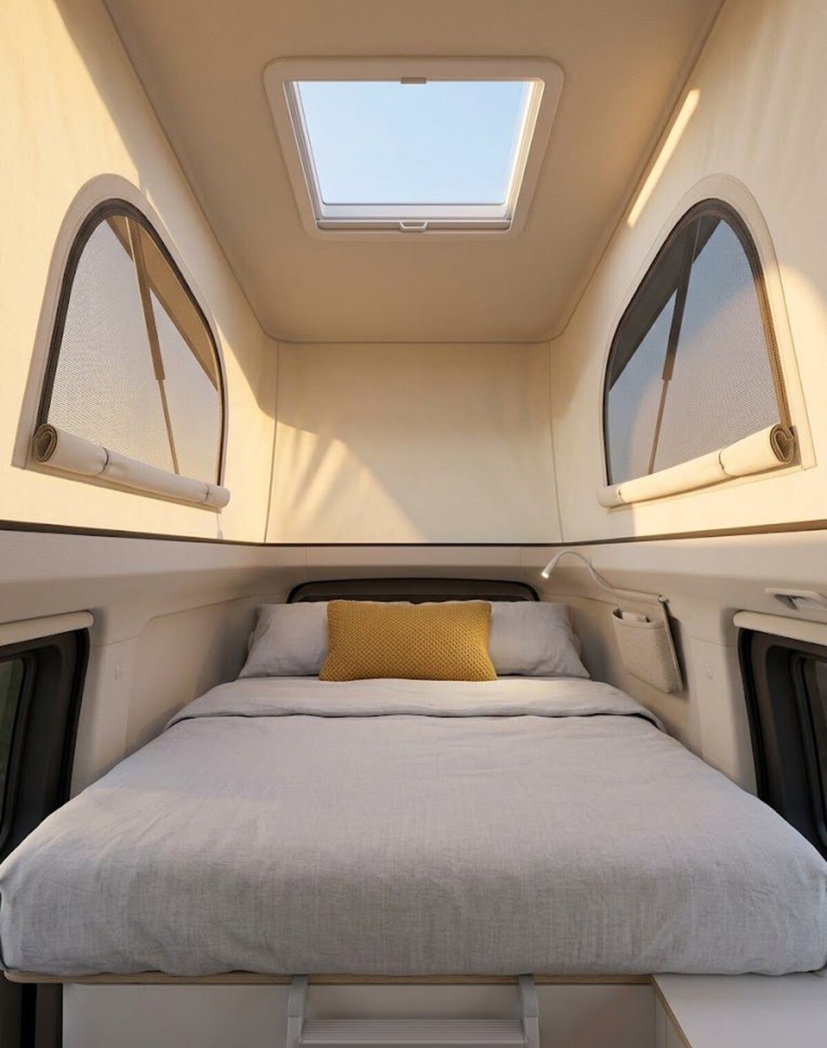 Looking up into the roof bed under the raised pop-top, light through the mesh vents