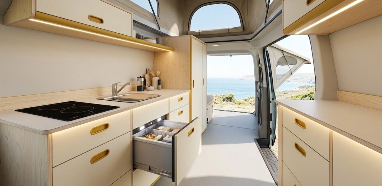The inline galley along the driver’s side — induction hob, sink and fridge drawer in one unit