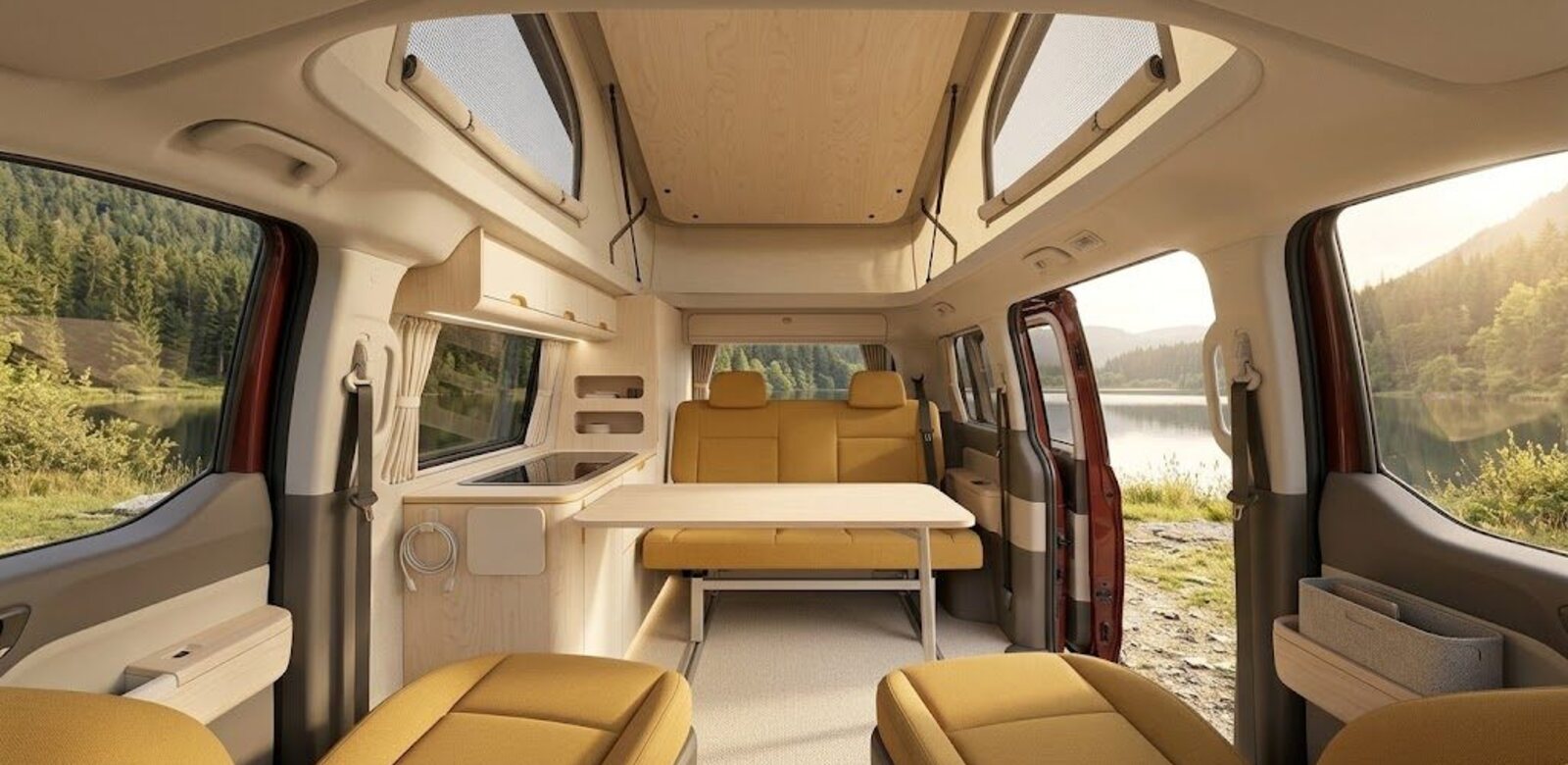 The living area: rail-mounted bench, swing-out table and standing height under the raised roof